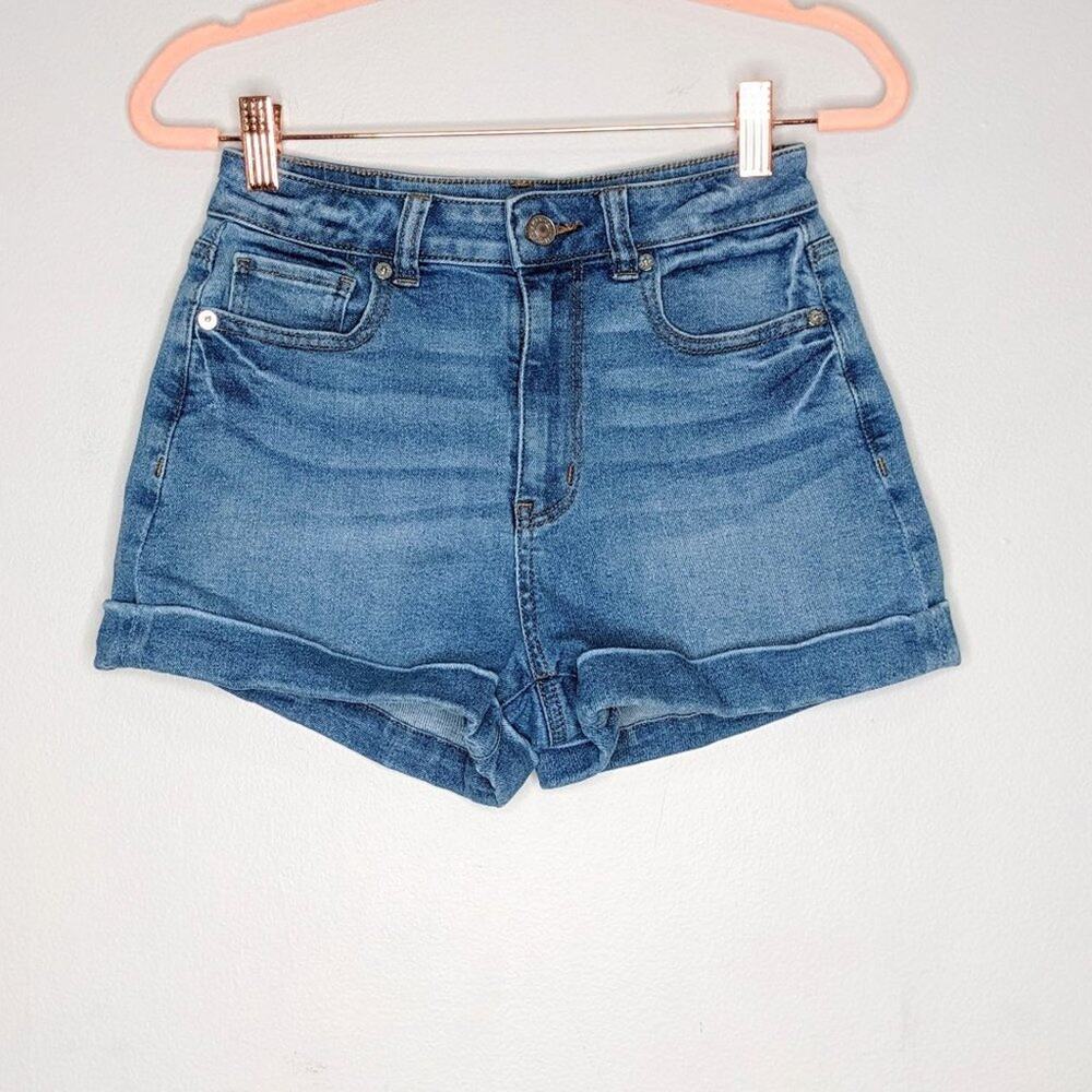 American Eagle Blue Cuffed Mom Short Jean Shorts Stretch Pockets Size 00